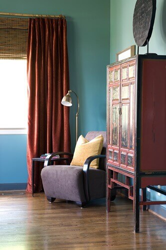 A restful master with mossy green complimented with a nice rusty red. - Beth Haley Design, Nashville, TN