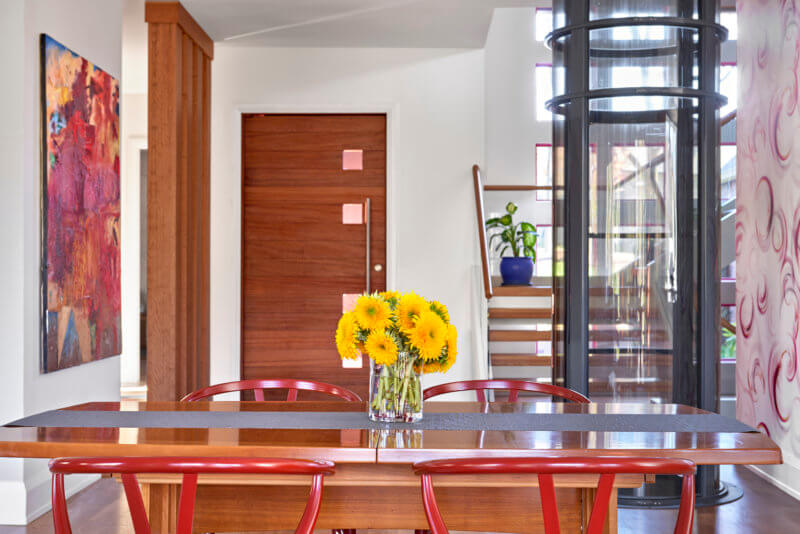 red chairs and yellow flowers