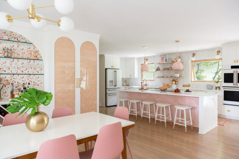 pink kitchen and dining room