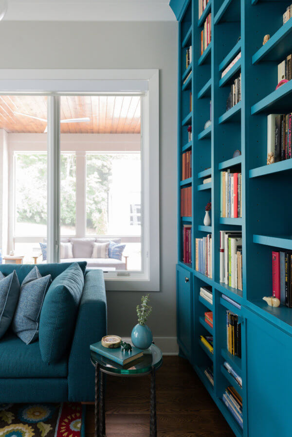 blue bookshelves